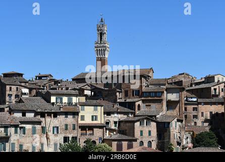 Blick auf die Altstadt von Siena mit dem Glockenturm der Kathedrale Santa Maria Assunta - Italien. Stockfoto