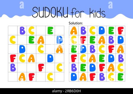 Bunte Buchstaben Sudoku Lernspiel oder Arbeitsblatt für Freizeitaktivitäten Vektordarstellung, druckbares Raster zum Ausfüllen fehlender Bilder, Puzzle Stock Vektor