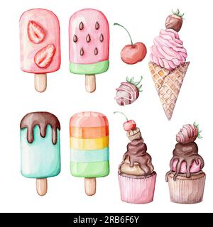 Aquarelle Eiscreme und Cupcakes. Eiscreme, Kirsche, Erdbeere, Cupcakes. Stockfoto