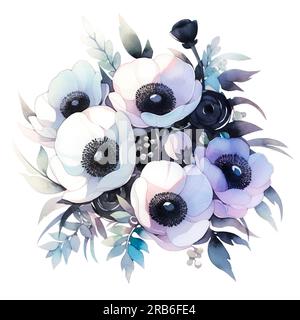 Schwarz-weiß süßer Anemonstrauß. Aquarell-Illustration perfekt für Kränze, Arrangements, Hochzeitseinladungen, Jubiläum, Geburtstag, Postkarten Stockfoto