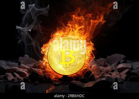Bitcoin-Goldmünze auf Feuer im Hintergrund von schwarzem Stein. Krypto-Markt-Bullshit-Szenario. Bitcoin stellt eine dezentrale Kryptowährung und eine dar Stockfoto