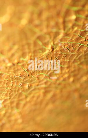 Gerissene goldene Farbe auf Leinwand Makro moderner Hintergrund hohe Qualität große Sofortdrucke getrocknete Malerei Kunst abstrahiert Goldrausch Stockfoto