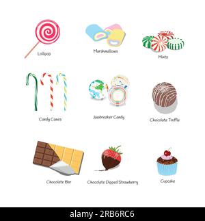 Beliebte Arten von Süßigkeiten-Flachvektoren in Farbe. Candy Icon im Cartoon-Stil. Süßwaren, Süßigkeiten-Illustration. Stock Vektor