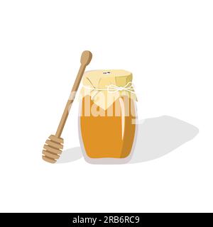 Honigdose und Honigstifter mit flachem Vektor auf weißem Hintergrund. Stock Vektor