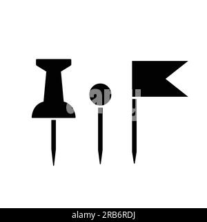 Pushpin flacher Silhouettenvektor auf weißem Hintergrund. Symbole für Bürobedarf. Symbole für Schreibwaren. Artikel für Bürokonzept. Stock Vektor
