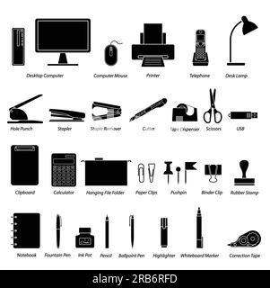 Satz Bürobedarf flacher Silhouettenvektor auf weißem Hintergrund. Bürobedarf-Symbole mit Vokabular. Symbole für Schreibwaren. Artikel für Bürokonzept. Stock Vektor