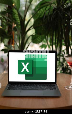 Odessa, Ukraine - 14. Juni 2023: Laptop-Computer auf dem Café-Tisch mit dem Logo von Microsoft Excel, einer Tabellenkalkulation für Windows, macOS, Android und iOS. Stockfoto