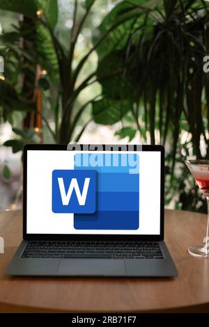 Odessa, Ukraine - 14. Juni 2023: Logo von Microsoft Word, einem Textverarbeitungsprogramm, das von Microsoft auf Laptopbildschirmen entwickelt wurde. Stockfoto