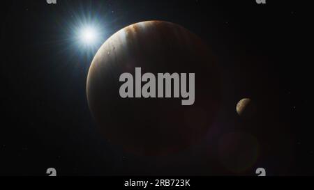 Illustration realistische 3D-Animation von Jupiter und seinem Mond IO, Europa, Ganymede oder Callisto, die sich im dunklen Weltraum drehen. Sonne, Sterne und Galaxien im Hintergrund. Sonnensystem-Planet. Erforschung des Universums. Stockfoto