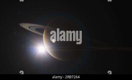 Illustration Kinoanimation von Saturn und seinen Mond-Mimas oder Titan im Weltall in 3D. Geheimnisvolle Saturn-Ringe. Sonne, Sterne und Galaxien im Hintergrund. Sonnensystem-Planet. Erforschung des Universums. Kameradrehung. Stockfoto