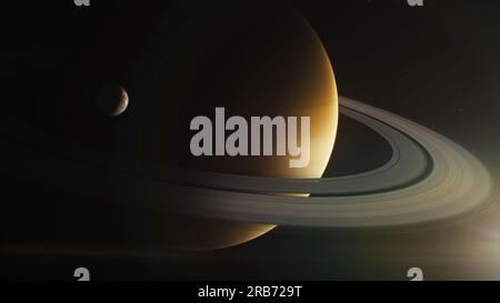 Stellen Sie realistische 3D-Grafiken des sonnenbeleuchteten Saturns und seiner Mond-Mimas, Dione oder Titan im dunklen Weltraum dar. Geheimnisvolle Saturn-Ringe. Sterne und Galaxien im Hintergrund. Sonnensystem-Planet. Erforschung des Universums. Stockfoto