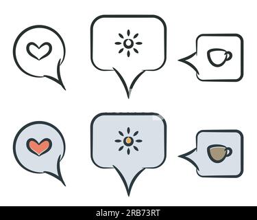 Symbole für Sprechblase festgelegt. Handgezeichnetes Cartoon-Design, Pinselstriche, isolierte Elemente umreißen, farbenfrohe Bilder. Vektordarstellung Stock Vektor