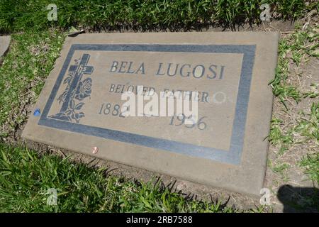 Culver City, Kalifornien, USA 6. Juli 2023 Schauspielerin Bela Lugosi Grab in der Grotto Section auf dem Holy Cross Cemetery am 6. Juli 2023 in Culver City, Kalifornien, USA. Foto: Barry King/Alamy Stock Photo Stockfoto