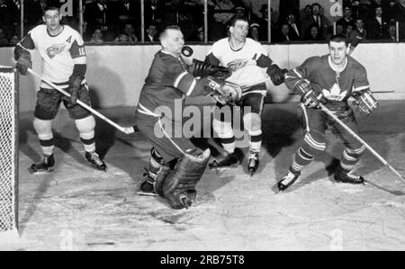 Toronto, Kanada: 5. Februar 1961 Toronto Maple Leaf Goalie Johny Bower scheint den Puck mit seinem Kinn in einem Spiel der National Hockey League gegen die Detroit Red Wings aufzuhalten. Toronto gewann, 4:2, um den ersten Platz einzunehmen. Stockfoto