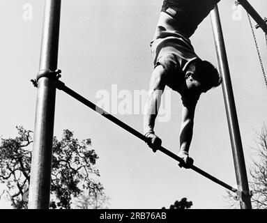 Kalifornien: ca. 1954 Ein männlicher Turner Trainiert im Freien an einem Handstand in einer Bar. Stockfoto