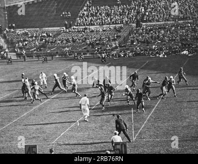 New York, New York: c. 1915 der Quarterback ganz links wird von Verteidigern überschwemmt, wenn er versucht, den Football während eines Spiels im Yankee Stadium zu bestehen. Stockfoto