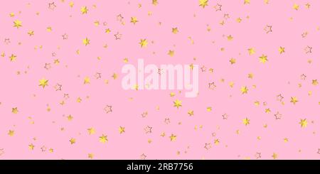Fliegende, realistische Konfetti mit goldenen Sternen auf Pink. Wunderschöner, nahtloser, sternförmiger Fall. Muster von goldenen Sternen. Vektordesign für Weihnachtsdesigns, S. Stock Vektor