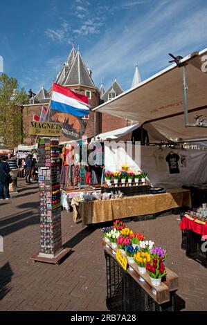 Hölzerne Tulpen und Souvenirs zum Verkauf im Nieuwmarkt, Amsterdam, Niederlande Stockfoto