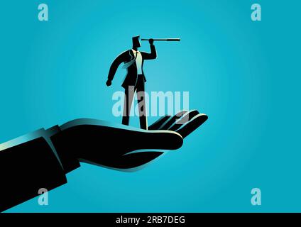 Geschäftskonzept Illustration einer Hand, die einen Geschäftsmann mit Teleskop hält Stock Vektor