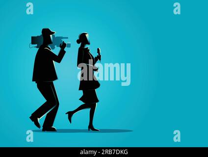 Grafische Darstellung eines Reporters und eines Kameramanns, der nach Nachrichten jagt Stock Vektor