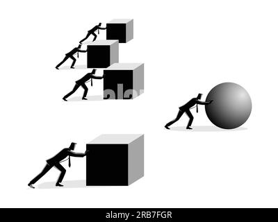 Business Concept Vektor Illustration eines Geschäftsmannes schieben eine Kugel, die das Rennen gegen eine Gruppe von langsameren Geschäftsmännern schieben Boxen. Gewinnen s Stock Vektor