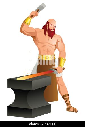 Griechische gott und Göttin Vektor-Illustration-Serie, Hephaestus, der gott des Feuers, Metallbearbeitung, Steinmauerwerk, Schmieden und die Kunst der Skulptur. Stock Vektor