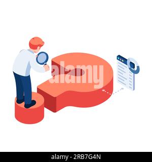 Flacher 3D isometrischer Geschäftsmann verwendet Fragezeichen zur Analyse von Vergrößerungsgläsern. Problemanalysekonzept. Stock Vektor