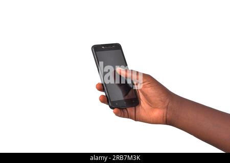 Schnittbild der Hand eines jungen Mannes mit einem Handy. Stockfoto