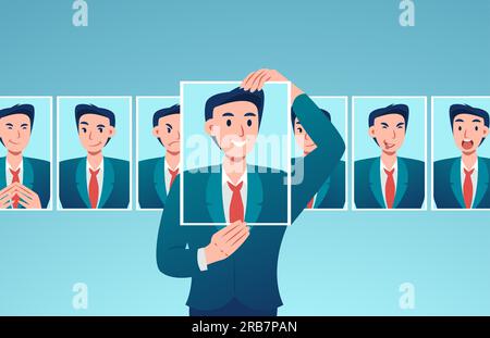 Vektor eines maskierten jungen Geschäftsmannes, der verschiedene Emotionen ausdrückt Stock Vektor