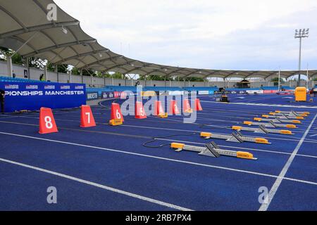 Innenansicht des Stadions vor den britischen Athletics Championships in der Manchester Regional Arena, Manchester, Großbritannien, 8. Juli 2023 (Foto von Conor Molloy/News Images) Stockfoto