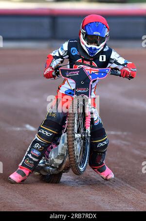 James Pearson von Belle Vue „Cool Running“ Colts während des Spiels der National Development League zwischen Belle Vue Aces und Kent Royals im National Speedway Stadium, Manchester, am Freitag, den 7. Juli 2023. (Foto: MI News) Guthaben: MI News & Sport /Alamy Live News Stockfoto