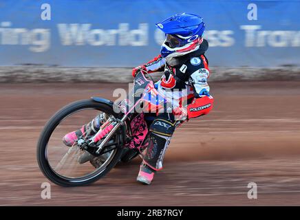 James Pearson von Belle Vue „Cool Running“ Colts während des Spiels der National Development League zwischen Belle Vue Aces und Kent Royals im National Speedway Stadium, Manchester, am Freitag, den 7. Juli 2023. (Foto: MI News) Guthaben: MI News & Sport /Alamy Live News Stockfoto