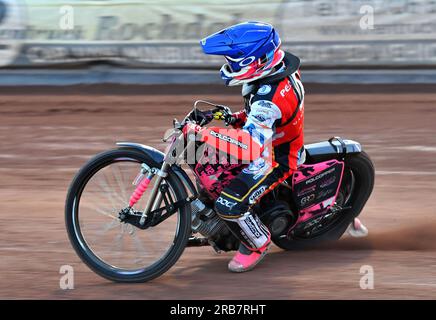 James Pearson von Belle Vue „Cool Running“ Colts während des Spiels der National Development League zwischen Belle Vue Aces und Kent Royals im National Speedway Stadium, Manchester, am Freitag, den 7. Juli 2023. (Foto: MI News) Guthaben: MI News & Sport /Alamy Live News Stockfoto