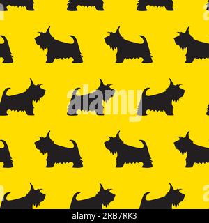 Nahtloses Muster mit schottischer Terrier-Silhouette auf gelbem Hintergrund. Stock Vektor