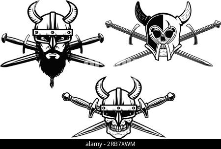 Ein Satz Schwarz-Weiß-Illustrationen eines wikingerhelms mit gekreuzten Schwertern. Helm mit Schwertern. Konstruktionselement Stock Vektor