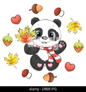 Süßer Cartoon-Panda mit rotem Schal und heruntergefallenen Blättern im Herbstrahmen. Vektordarstellung eines Tieres mit gelben Blättern, Nüssen, Eicheln, Pilzen Stock Vektor