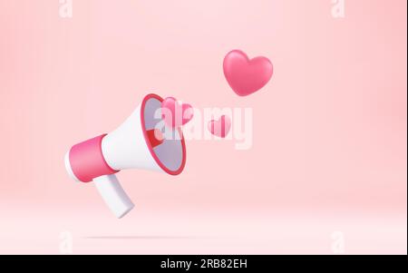 3D Megafon, Lautsprecher mit Herzen Stock Vektor