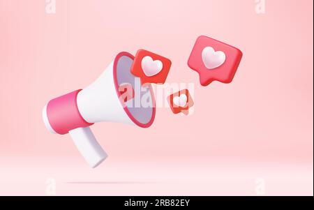 3D Megafon, Lautsprecher mit Herzen Stock Vektor