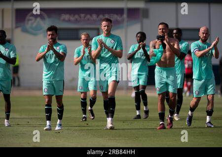 SOUTHAM-HALES MACAULEY, SARCEVIC ANTONI, WRIGHT AKIL, MADDEN PADDY, Look während des Spiels, Stockport County vs Licoln City FC, Männer, Friendly Match, Fo Stockfoto