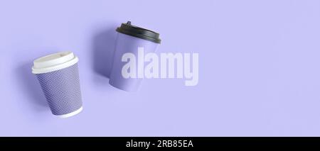 Sehr Riskant. Farbe des Jahres 2022. Ansicht von oben auf den Kaffeepapierbecher. Modell mit Deckel. Set aus Pappbechern für Kaffee oder Tee. Flach verlegt. Kein Abfall, Kunststoff f Stockfoto