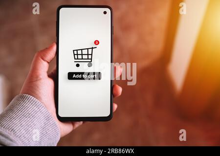Frau verwendet Smartphone zum Einkaufen im Internet. Zum Warenkorb hinzufügen. Warenkorbsymbol auf dem Bildschirm des Mobiltelefons. Bezahlung über das Internet. Stockfoto