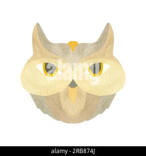 Der Kopf eines Eulenvogel in braunen Farbtönen. Aquarelldarstellung auf weißem Hintergrund hervorgehoben. EIN SATZ TIERGESICHTER. Geeignet für Kindertexte Stockfoto