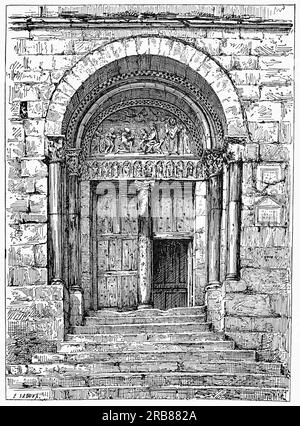 Eine Illustration aus dem frühen 19. Jahrhundert einer romanischen Tür zur ehemaligen römisch-katholischen Kathedrale, die zwischen dem 12. Und 16. Jahrhundert in Saint-Bertrand-de-Comminges, Haute-Garonne, Südwestfrankreich, errichtet wurde. Es war der Sitz der antiken Diözese der Gemeine. Stockfoto