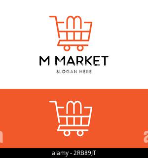 Letter Initial M Einkaufswagen in minimalistischer Linienführung für Online-E-Commerce-Shop-Markt Supermarkt Logo-Design der Unternehmensmarke Stock Vektor