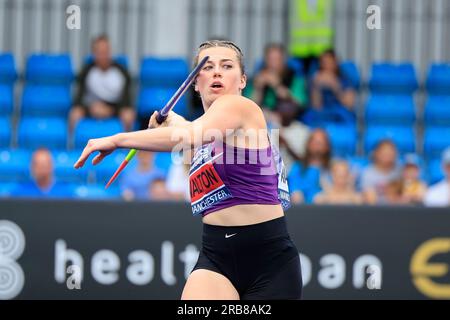 Manchester, Großbritannien. 08. Juli 2023. Beech Walton wirft den Speerjavelin während des Speerfinales der britischen Athletics Championships in der Manchester Regional Arena, Manchester, Vereinigtes Königreich, am 8. Juli 2023. (Foto von Conor Molloy/News Images) in Manchester, Großbritannien, 7/8/2023. (Foto: Conor Molloy/News Images/Sipa USA) Guthaben: SIPA USA/Alamy Live News Stockfoto