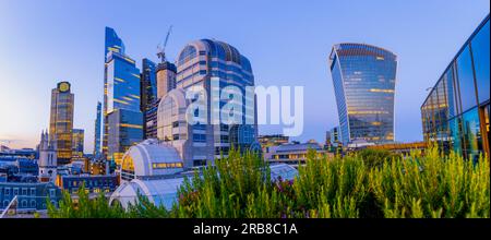 London, England, Vereinigtes Königreich - 7. Juli 2023: Panorama der neuen und futuristischen berühmten Finanzgebäude in London City, beleuchtet in Abendlichtern, Stockfoto