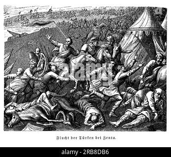 Die Schlacht von Zenta, auch bekannt als Schlacht von Senta, war ein entscheidender Sieg des österreichischen Reiches gegen das Osmanische Reich im Jahr 1697. Die Schlacht fand in der Nähe der Stadt Zenta im heutigen Serbien statt und markierte das Ende des Großen Türkischen Krieges. Die österreichische Armee unter dem Kommando von Prinz Eugene von Savoyen besiegte eine viel größere osmanische Truppe und zwang das Osmanische Reich 1699 zur Unterzeichnung des Vertrags von Karlowitz, der der Expansion des Osmanischen Reiches nach Europa ein Ende setzte. Die Schlacht von Zenta gilt als einer der größten Siege von Prinz Eugene Stockfoto
