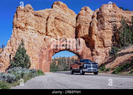 Chevrolet Pickup Truck fährt durch Arch auf dem Red Canyon Highway 12 Utah Stockfoto