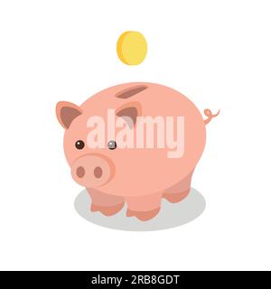 Rundes, hellrosa Sparschwein, in das eine Goldmünze auf weißem Hintergrund fällt Stock Vektor
