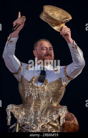 Madrid, Spanien. 07. Juli 2023. Sam Smith, britischer Sänger und Songwriter, tritt am zweiten Tag des Mad Cool Festivals 2023 in Villaverde, Madrid, auf. (Foto: Guillermo Gutierrez Carrascal/SOPA Images/Sipa USA) Guthaben: SIPA USA/Alamy Live News Stockfoto